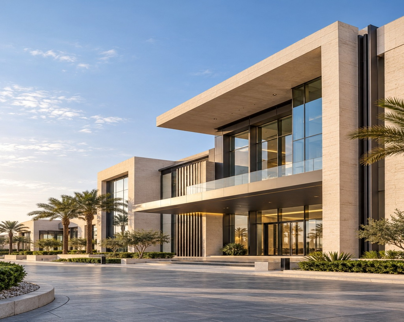 Contemporary limestone building with glass facades and palm landscaping
